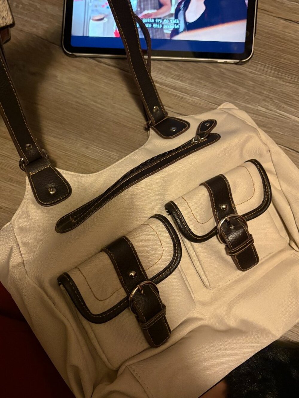 Brown and cream tan multiple pocket purse dark brown trim condition pictured OS